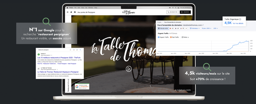 Un ordinateur affiche la croissance web de "La Table de Thomas".
