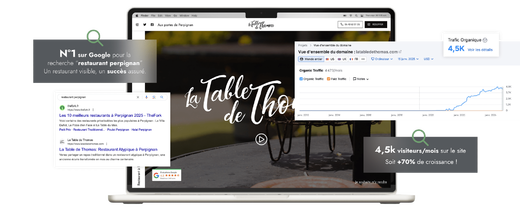 Un ordinateur portable affiche « La Table de Thomas », mettant en avant le succès SEO d'une grande agence web de Perpignan.